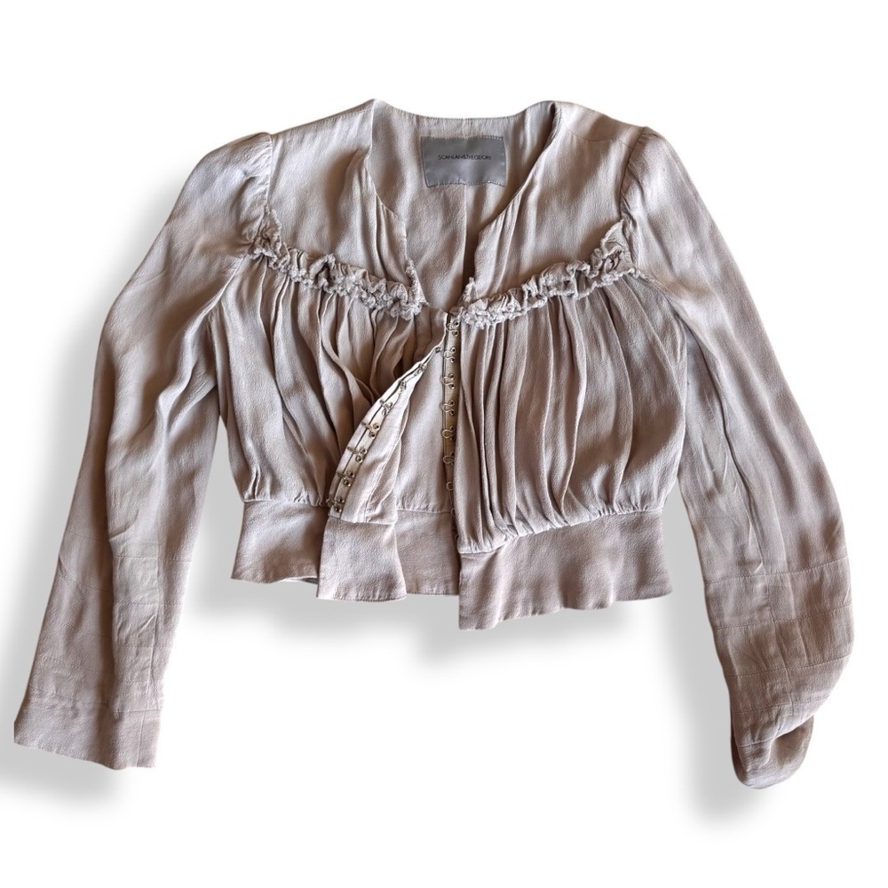 Scanlan Theodore Pleated Jacket long sleeve top grey gray hook &-eye ruffles XS